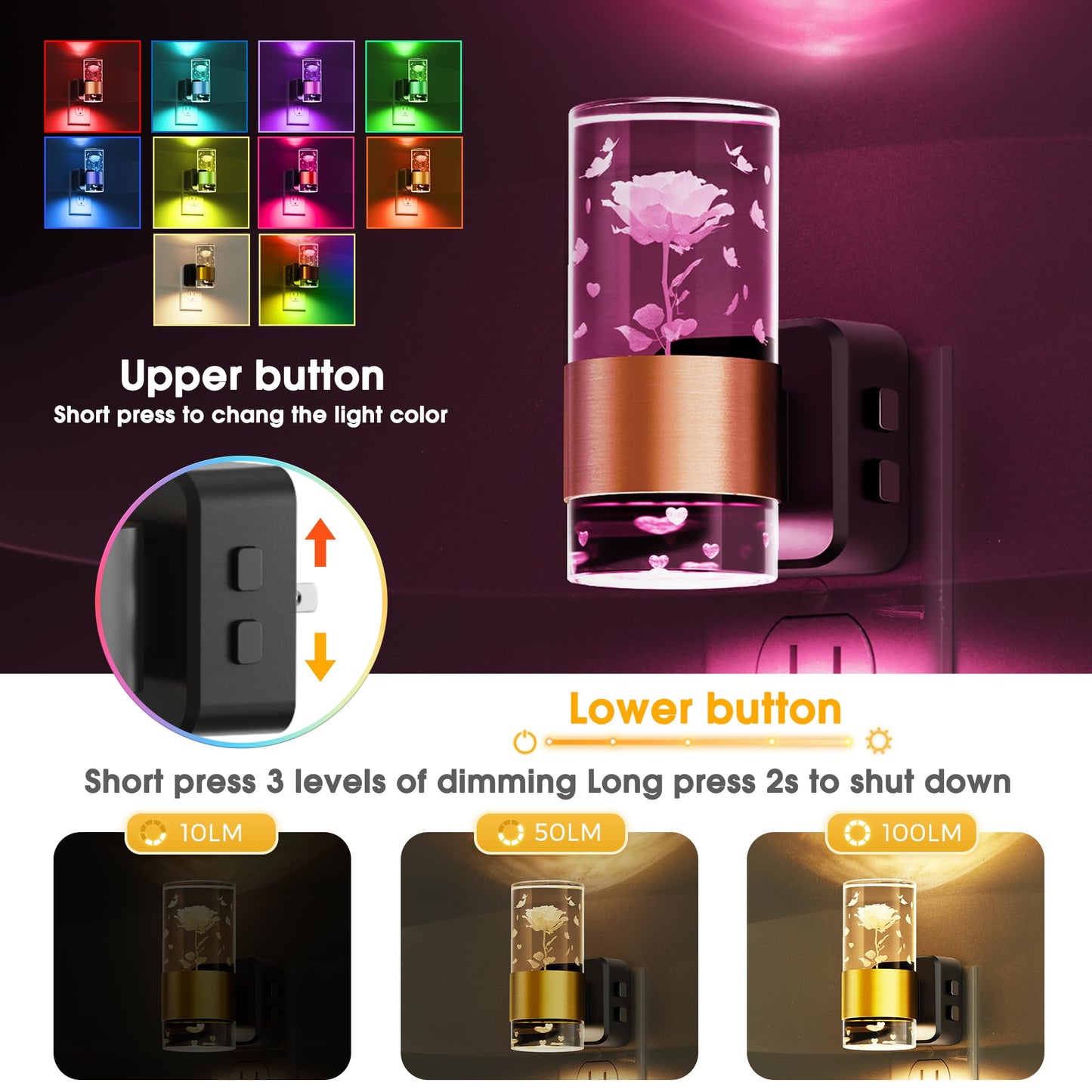 L LOHAS LED Night Light, Color Changing, Dusk to Dawn Sensor, Adjustable Brightness, 2 Pack, Gold Ring-Rose RGB, Model A-GY19709RSUS-2