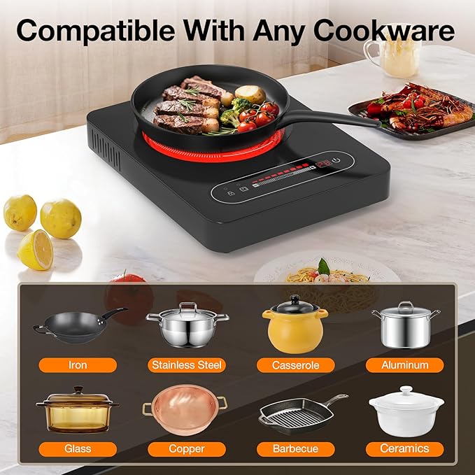 1800W Electric Cooktop, 11 Inch Portable Single Burner with Timer & Child Lock - 110-120V Compact Countertop Stove for Everyday Cooking in Kitchen, Dorm, RV or Office
