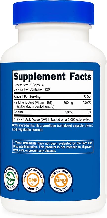 Nutricost Pantothenic Acid (Vitamin B5) 500mg, 120 Capsules