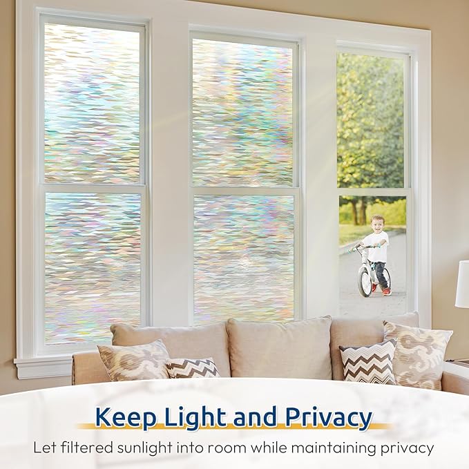 rabbitgoo Window Privacy Film with Installation Tools, Stained Glass Window Film Rainbow Prism Decorative Glass Clings for Home Decor, Static Cling Covering Sun Blocking, 17.5" x 78.7"