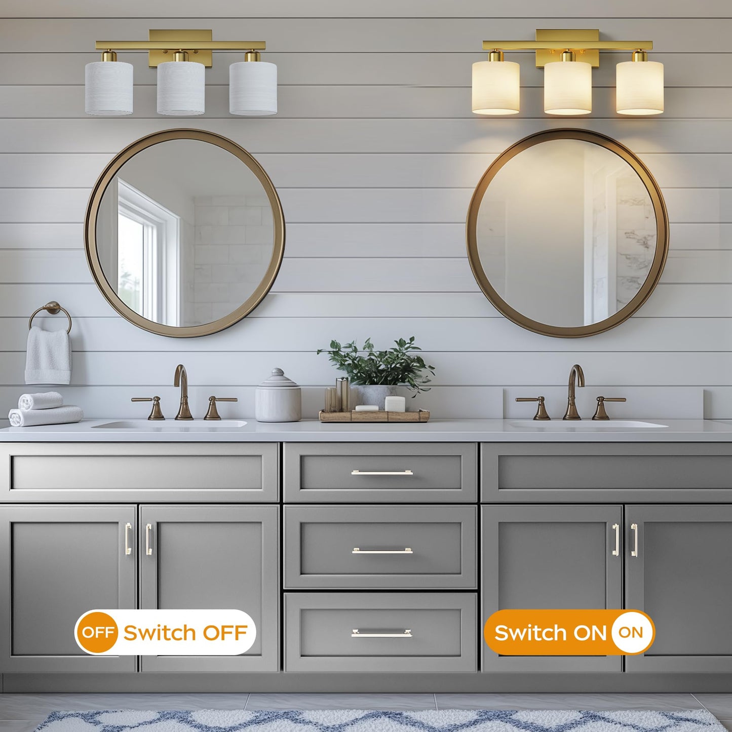 PARTPHONER Bathroom Light Fixtures, Bathroom Lighting Fixtures Over Mirror, Interior Classic Vanity Lights, Modern Vanity Light with Textured White Glass Shade, Brushed Gold, 3-Light