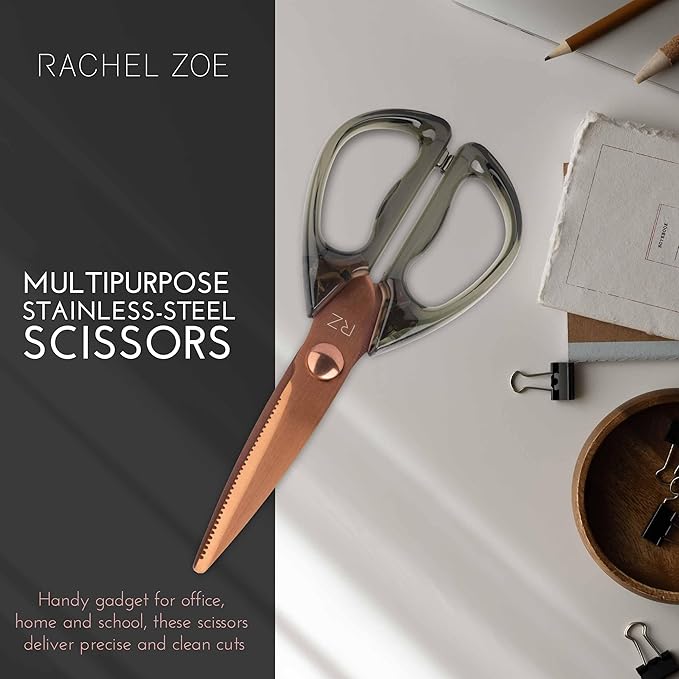 Rachel Zoe All Purpose Scissors, Scissors for Office, School or Art, Stainless Steel Sharp Shears with Large Handles, Dishwasher Safe (Green/Copper)
