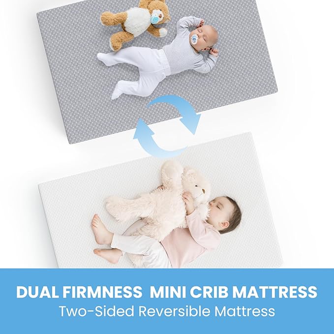Mini Crib Mattress, 38x24X4 Inch Dual Sided Comfort Gel Memory Foam, Breathable Premium Baby Mattress for Mini and Portable Cribs w/Removable Outer Cover - White&Grey