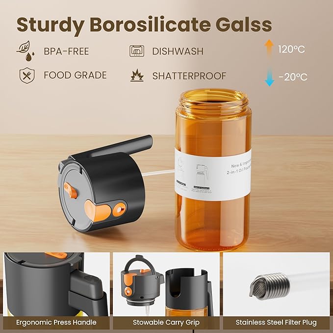Upgrade 2 in 1 Oil Sprayer for Cooking, Olive Oil Dispenser Bottle for Kitchen Gadgets with Stickers, 17oz/500ml Food Grade Light-Blocking Glass Spray Bottle for Salad, Air Fryer, BBQ