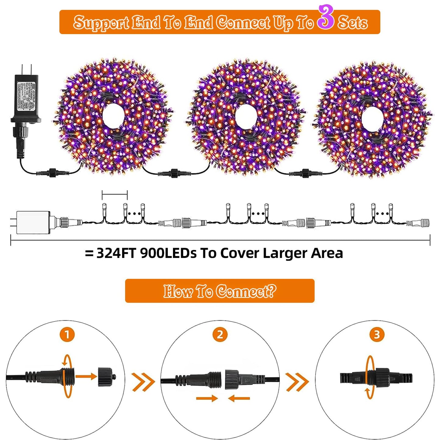 Mzd8391 Halloween String Lights - 108Ft, 300Led, Waterproof, Motion Sensor, Orange & Purple, For Indoor/Outdoor Decor