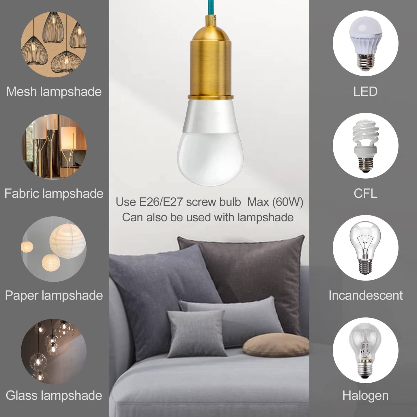 Hanging Light With Plug In Pendant Kit Cord Rope Lamp Bulb Socket Teal Exposed Lantern Fabric Cloth Switch Fixture With Braided Cords Industrial Porcelain Gold Holder Diy Swag Lighting 15Ft 2 Set