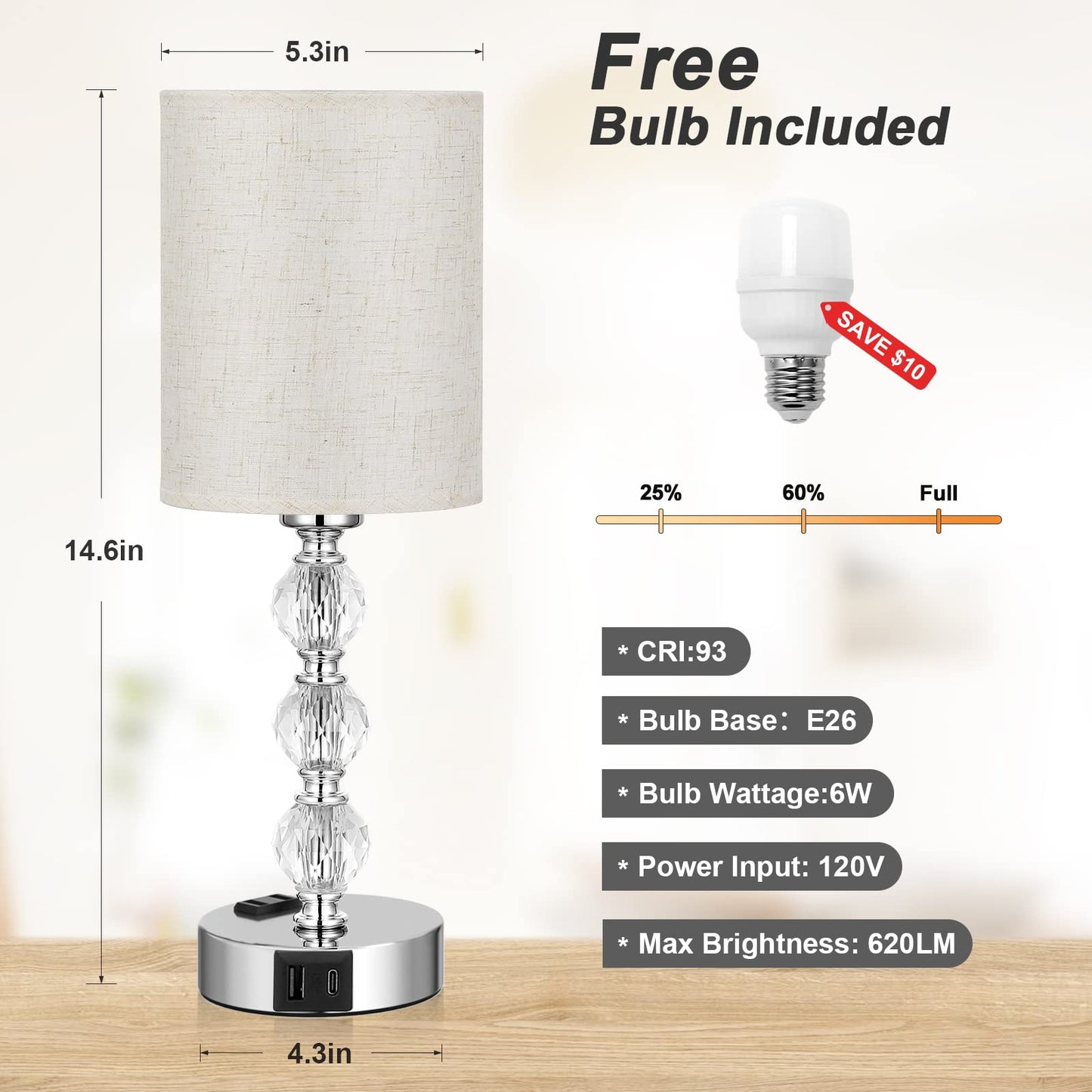 Acaxin White Crystal Table Lamp - 3-Way Dimmable With Usb C+A, 14.6In Nightstand Light For Bedroom, Living Room, Kitchen