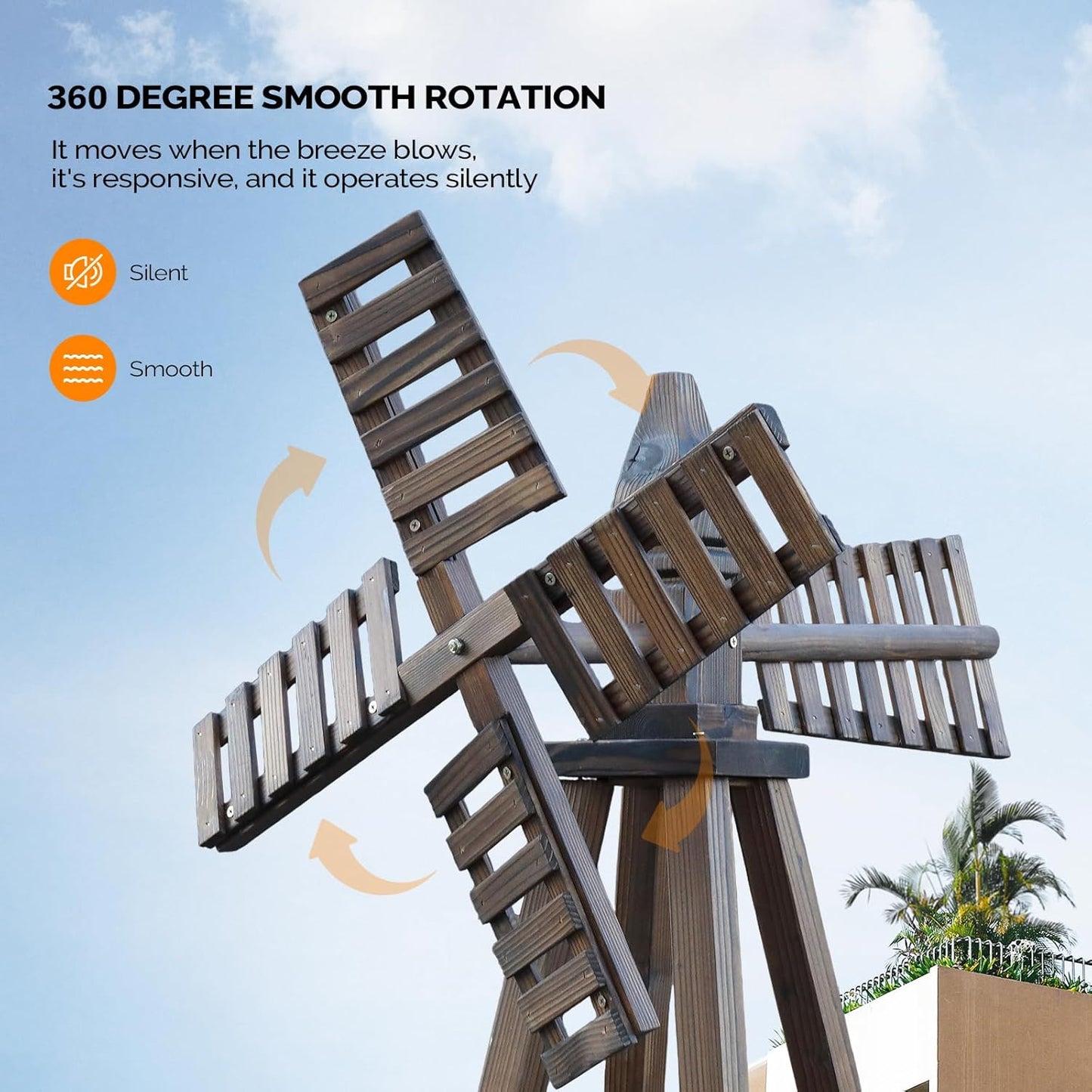 VINGLI Outdoor Yard Windmill, Wooden Wind Spinner for Garden Lawn Yard Patio Decoration (Carbonized Wood, Medium)
