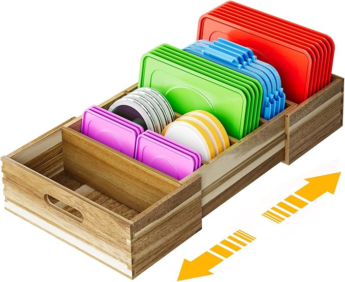 Expandable Lid Organizers Inside Cabinet, Kitchen Cabinet Organizers with 3 Adjustable Dividers, Storage Plastic Lids, Food Container Lid Holder Organizer for Drawer Pantry, Acacia