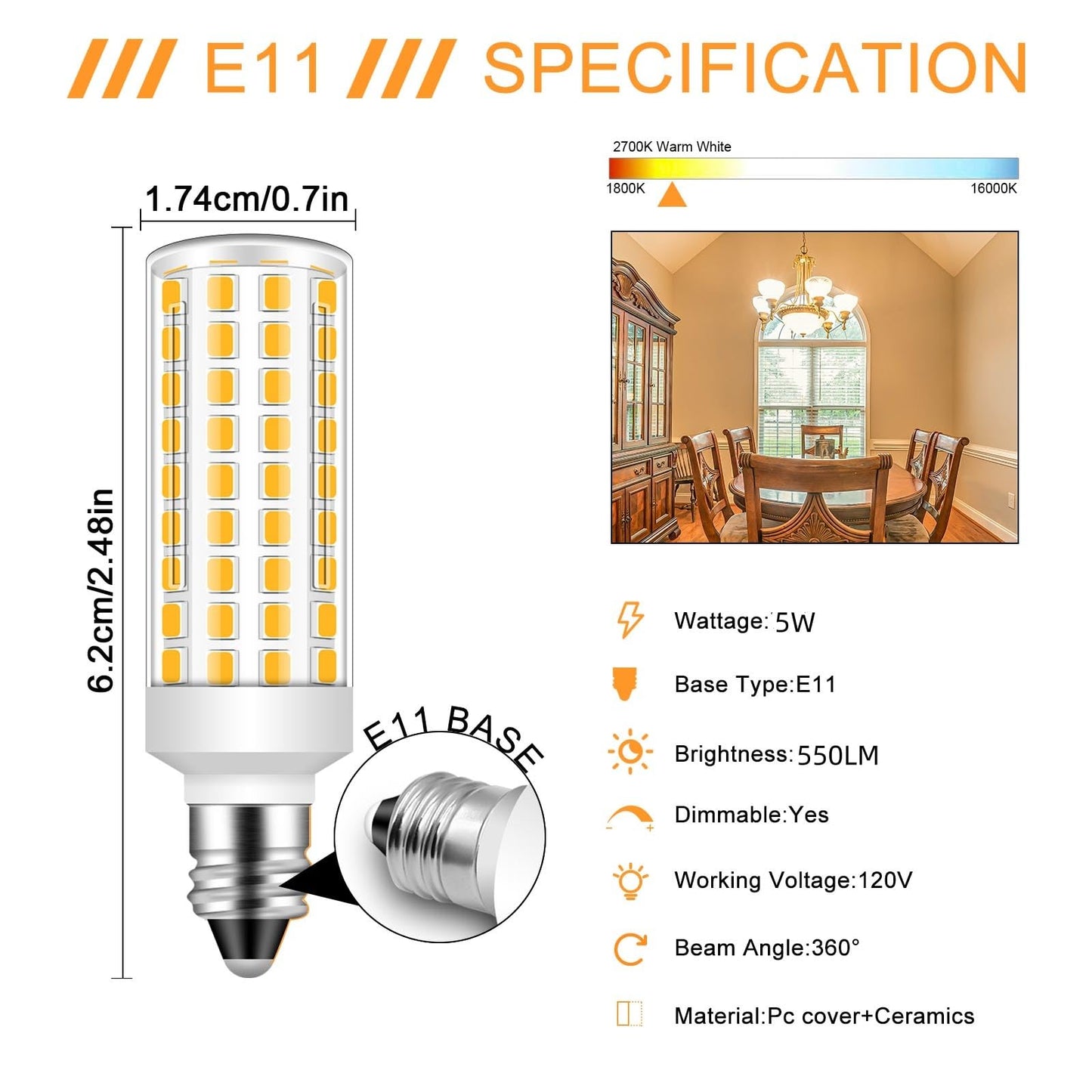 Megereet Jde11 120V 50W Halogen Candelabra Bulb Equivalent E11 Led Bulbs Dimmable 5W 550Lm No-Flicker T3 T4 Mini Base 3000K Warm White E11 Bulb For Ceiling Fan  Cabinet Lighting 4Pcs