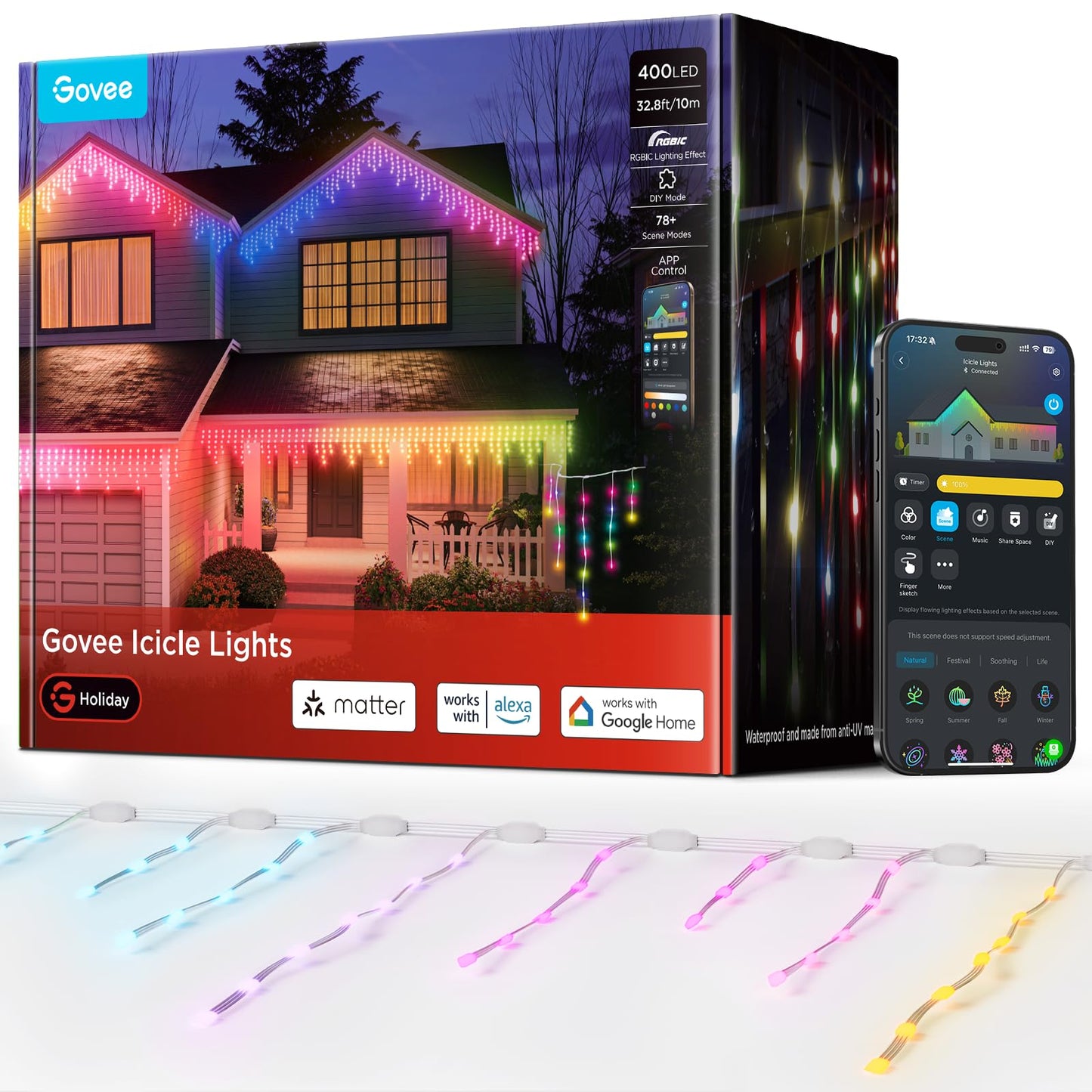Govee Icicle Lights, Smart RGBIC Christmas Lights for Outside, 33ft with 400 LEDs Icicle Christmas Light Outdoor, IP67 Waterproof, Music Sync, Voice Control, 78+ Scene Modes for Holiday Decor