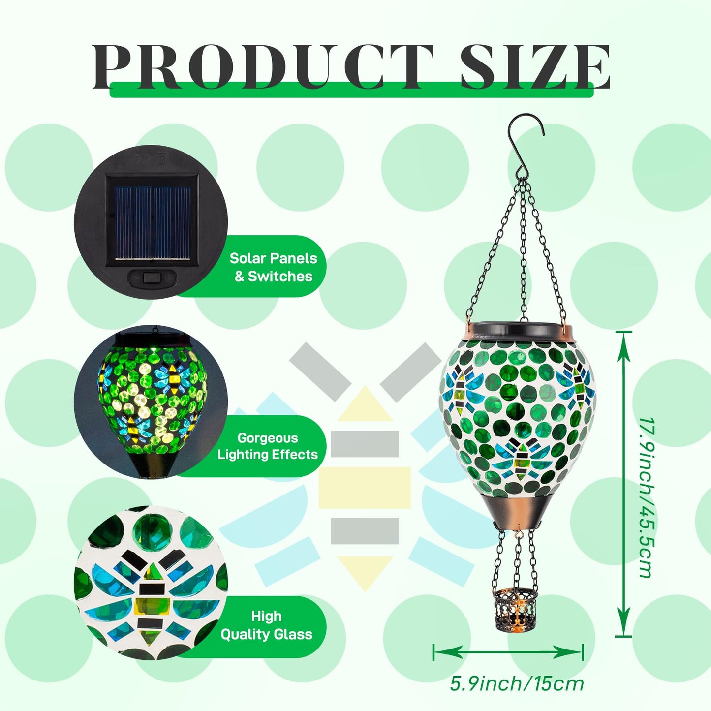 Dreamskip Bee Solar Hot Air Balloon Lantern Outdoor Waterproof  Green Mosaic Glass Hanging Solar Lantern Lights  Outdoor Hanging Lights For Patio Yard Garden Gift For Mom Grandma Women