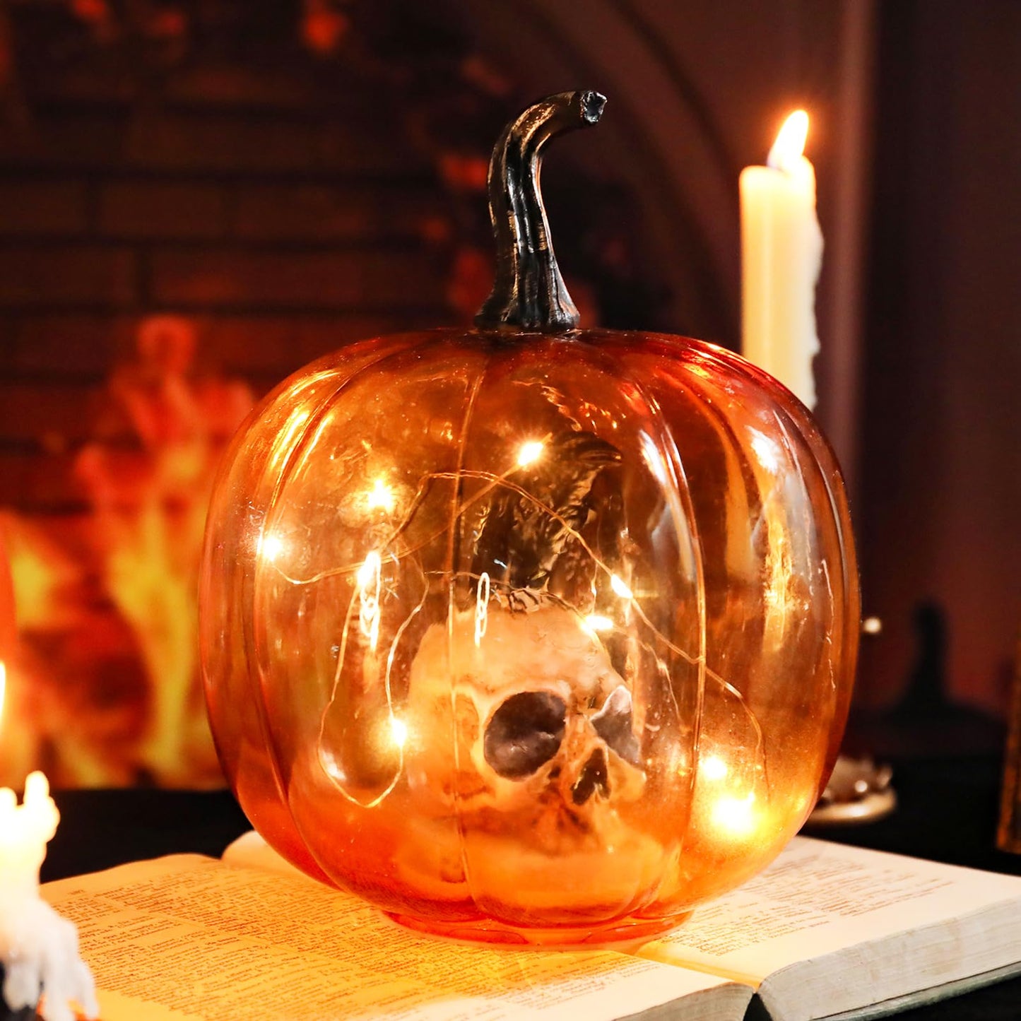 Afirst Halloween Decorations Indoor Lighted Halloween Fall Pumpkins Illuminated Glass Pumpkin With Skull Crow For Thanksgiving Fireplace Tabletop Party Home Bedroom Decor Gift
