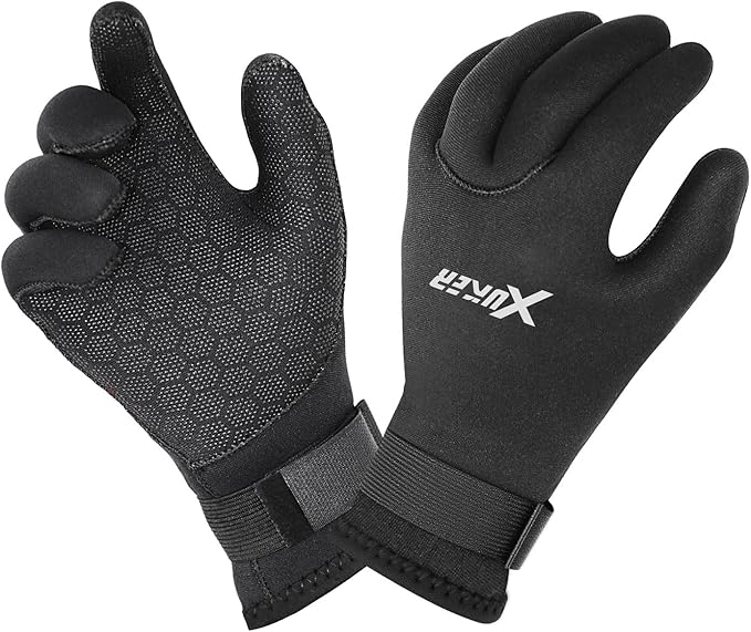 XUKER Neoprene Water Gloves, Winter Fleece-Lined 3mm Five Finger Warm Wetsuit Winter Gloves for Scuba Diving Snorkeling Su...