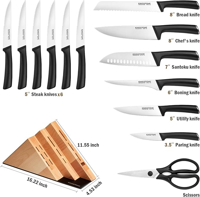KINGSTONE 14-Piece Knife Block Set, High-Carbon Stainless Steel Knives with Ergonomic Non-Slip Handles, Ultra Sharp & Dishwasher Safe, Natural