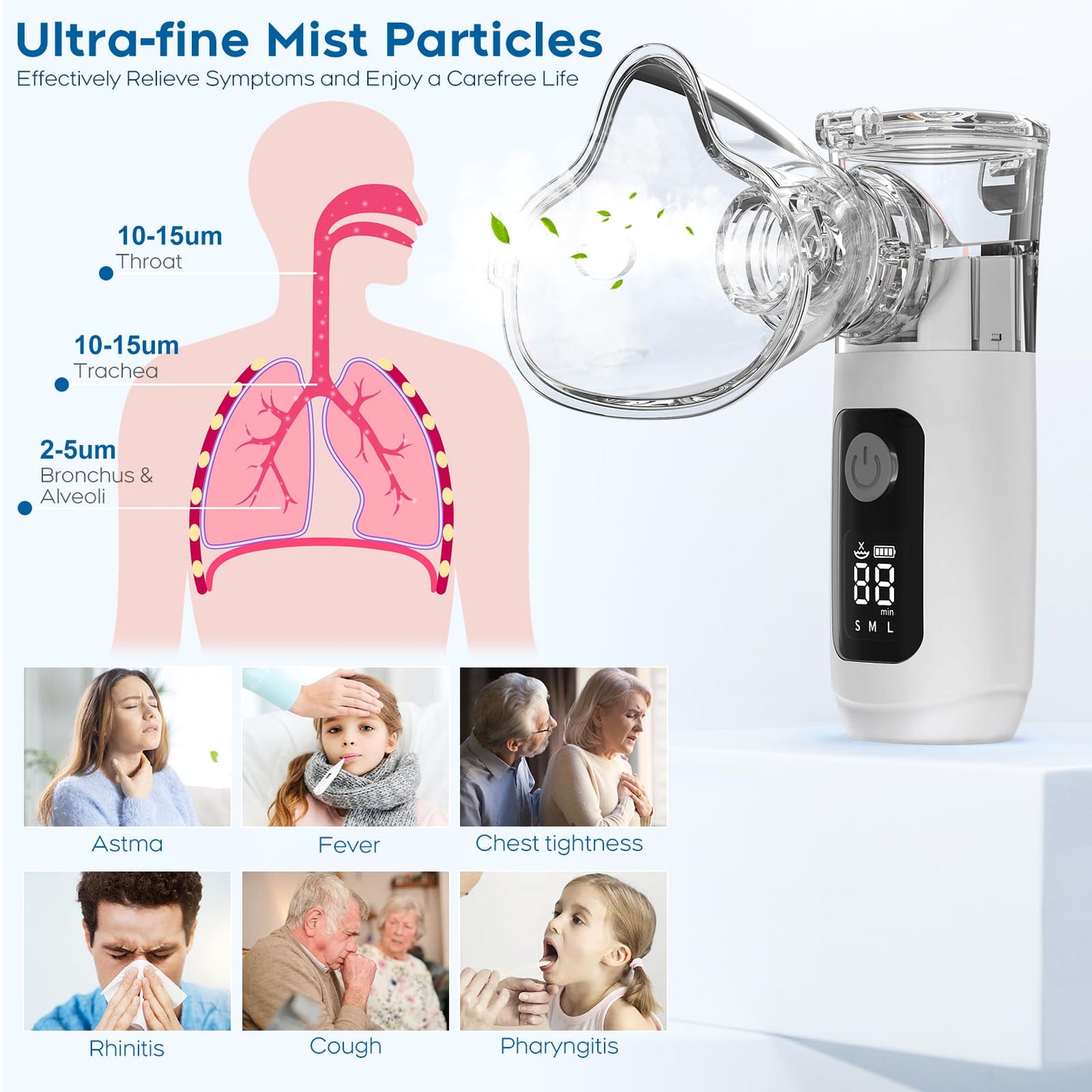 Smart Digital Display Portable Nebulizer for Adults and Kids, Ultra-Quiet Handheld Nebulizer with Self-Cleaning and Accessories - Rechargeable Nebulizer for Travel and Home Use Space
