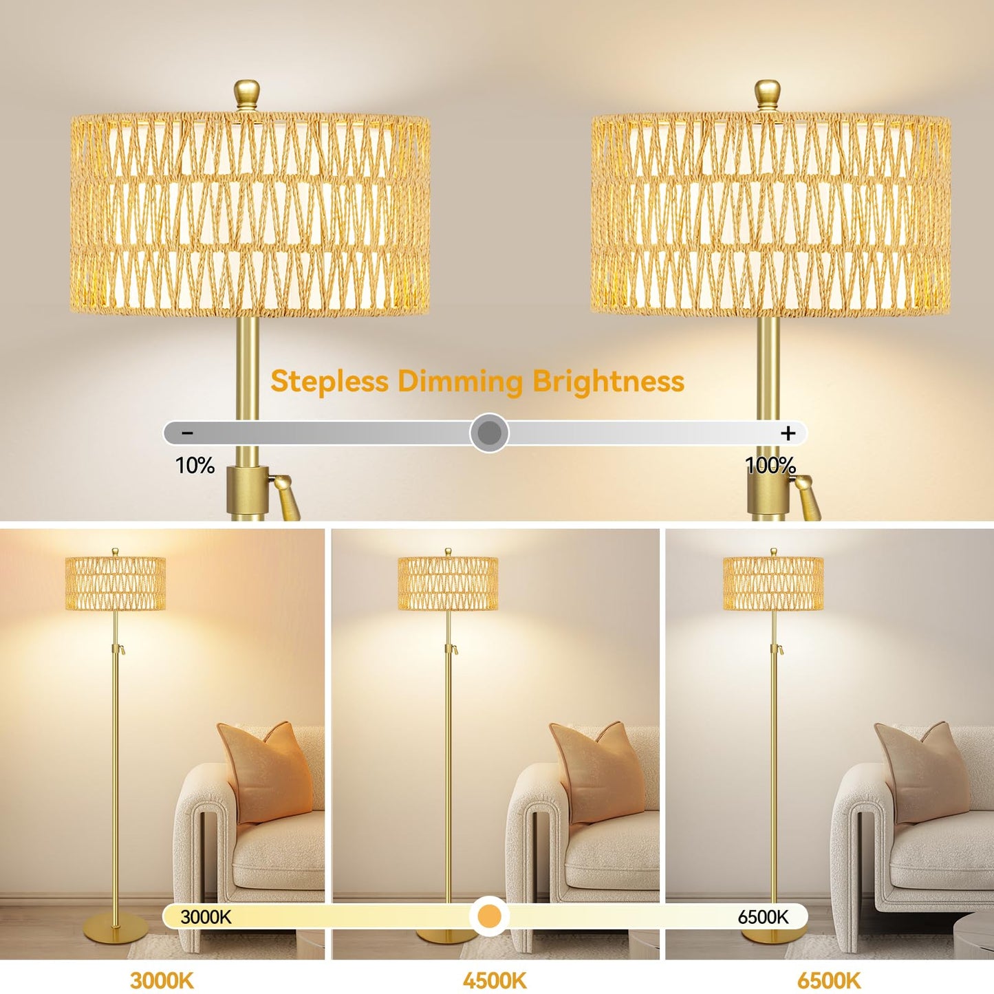 ZECOXOL Rattan Boho Floor Lamp with Remote Control, Dimmable, Brass, 12.5 Inch, Color: Buff, Model: 001