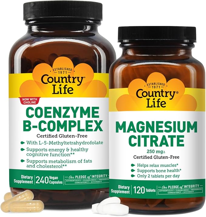 Country Life Coenzyme Vitamin B Complex Caps 240 Capsules and Magnesium Citrate 250 mg, 120 Tablets Bundle