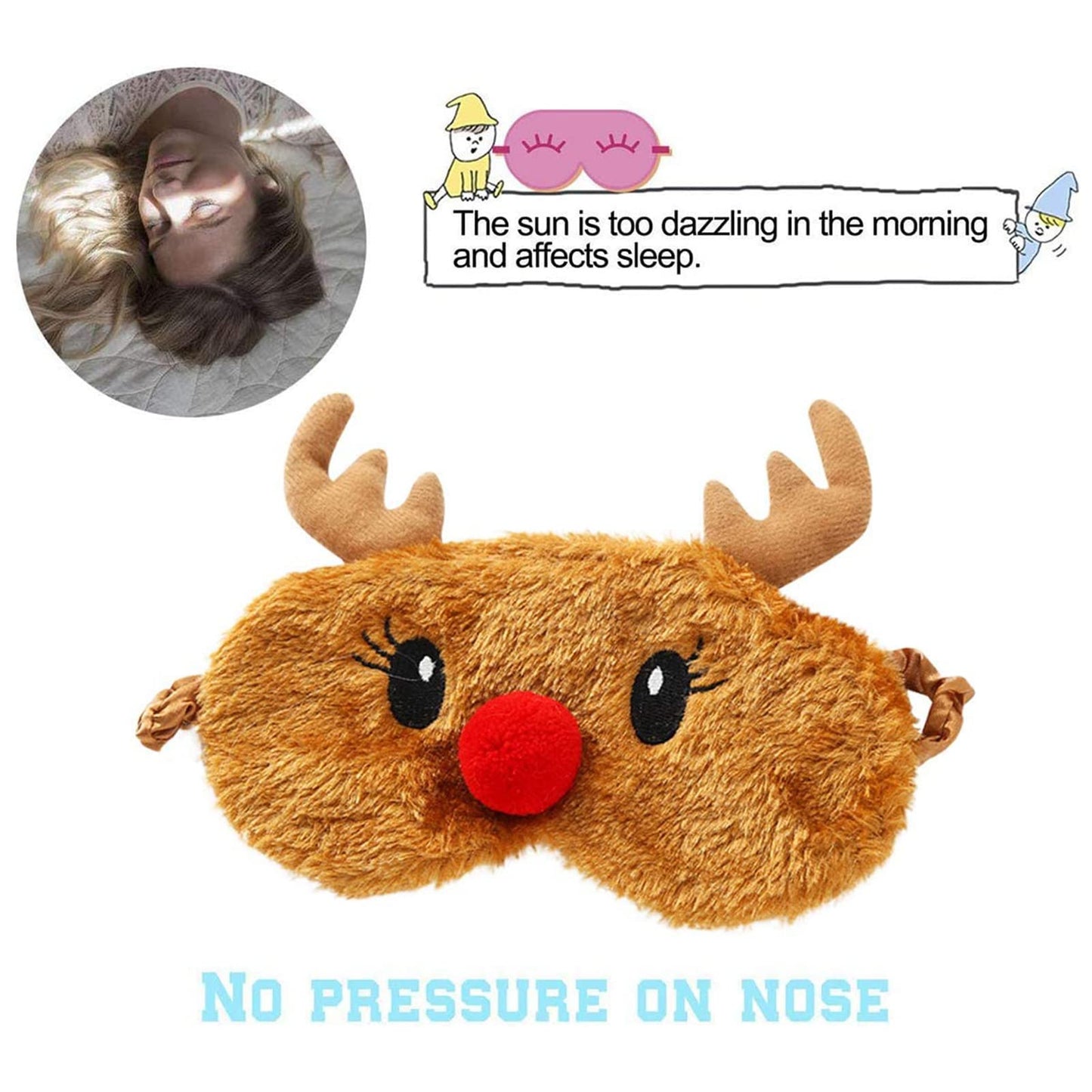 Ulbemoll Cute Reindeer Sleeping Mask, Soft Fluffy Plush Blindfold Funny Novelty Christmas Rudolph Sleep Mask Eye Cover Eyeshade for Kids Girls Boys Women Men Night Nap Travel (Brown, Reindeer)