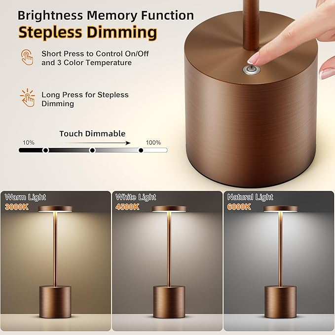 Cordless Table Lamps Rechargeable - Outdoor Waterproof LED Table Light Portable 5000mAh Battery Operated Lamp 3 Color Stepless Dimming with Memory Function for Restaurant Dining Patio (Moka)