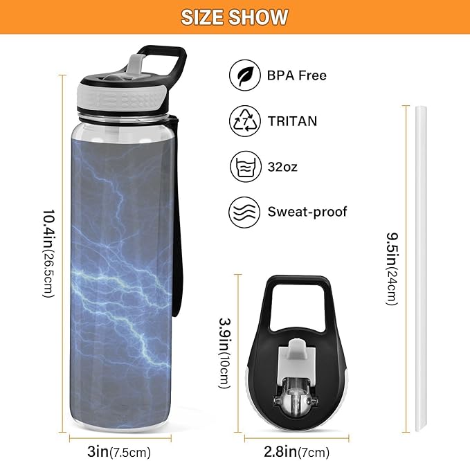 Kigai Thunder Lightning Clear Water Bottle with Straw Lid, BPA-Free Leakproof Sport Water Bottle 32oz Large Gym Water Jug for Men Women Travel Fitness Outdoor