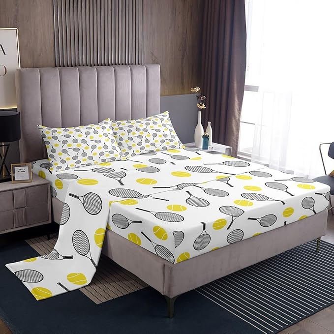 Erosebridal Tennis Racket Queen Sheet Sets 4pcs, Kids Ball Games Microfiber Bed Sheets Set for Boys Girls Tennis Lover, Si...