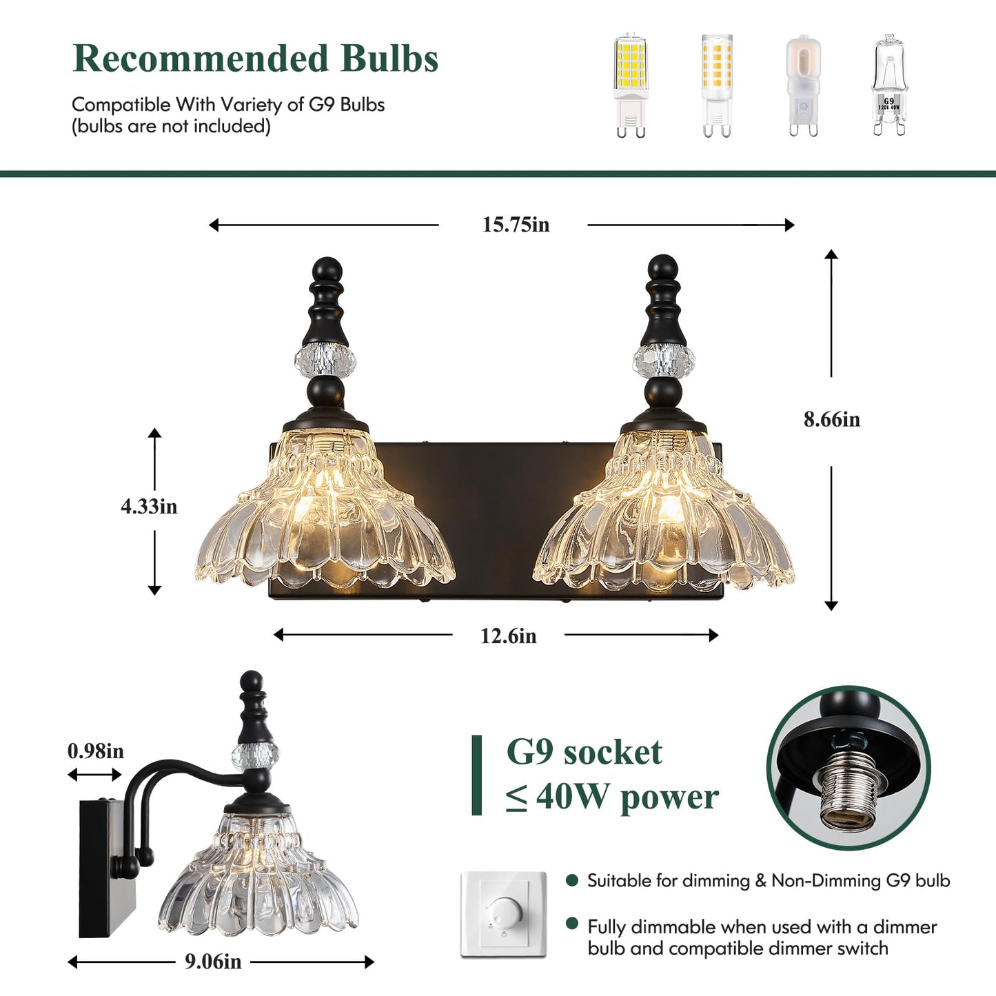 Lbsqj Vintage Bathroom Vanity Light  2-Light Black Vanity Lighting Fixture With Flower Glass Shade  Bathroom Lighting Fixtures Over Mirror