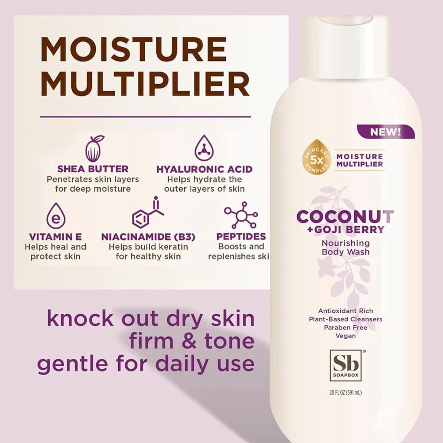 Soapbox Body Wash, Coconut & Goji Berry Liquid Body Wash, Moisturizing Soap with Shea Butter, Vegan Duo Pack of 2 Soap Bottles, 20oz Each