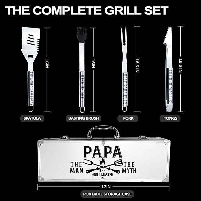 Papa Gifts, Christmas Papa Gifts from Grandkids Heavy Duty Grilling Accessories Kit for Backyard BBQ, Thick Stainless Steel Grill Utensils with Non-Slip Handle Tool Grilling Gift for Man on Birthday