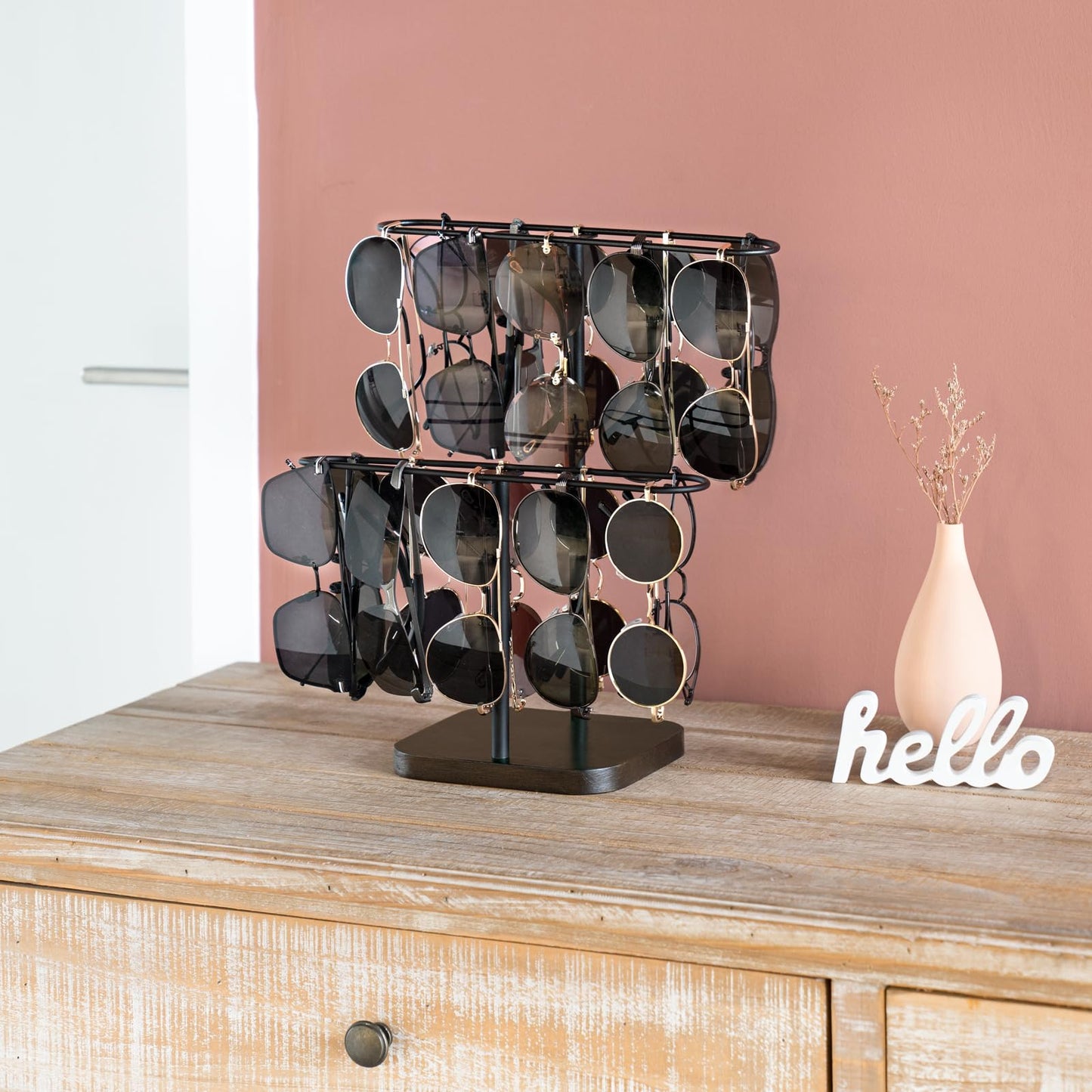 Mkono Sunglasses Organizer Glasses Holder Stand for 24 Pairs of Eyewear, 2 Tier Sunglass Storage Eyeglasses Display Rack Metal Frame with Wood Base for Table Desk Countertop Dresser Bedroom, Black