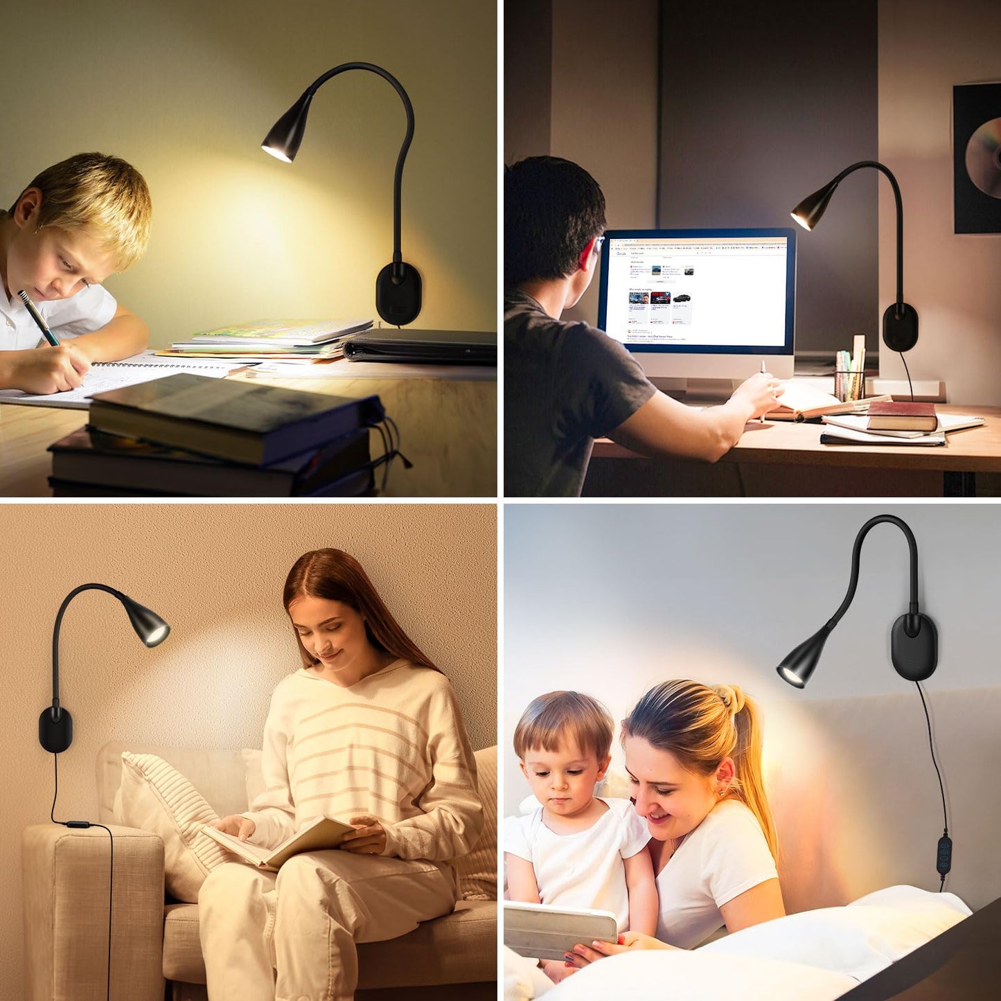 LiFMIRA Wall-Mounted LED Bedside Reading Light with USB Charging Port, 10-Level Dimmable & Adjustable 5 Color, Plug-in Adhesive Night Lamp for Books in Bed, Eye-Caring Bedroom Lighting (Black 2 Pack)