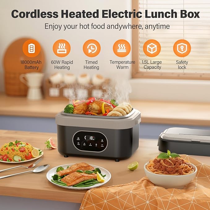 Cordless Electric Lunch Box for Adults: 1.5L Heated Lunch Box for Men Women with Automatic Heating 18000mAh Rechargeable Portable Food Warmer with Bag and Tray Divider for Office Truck Outdoor