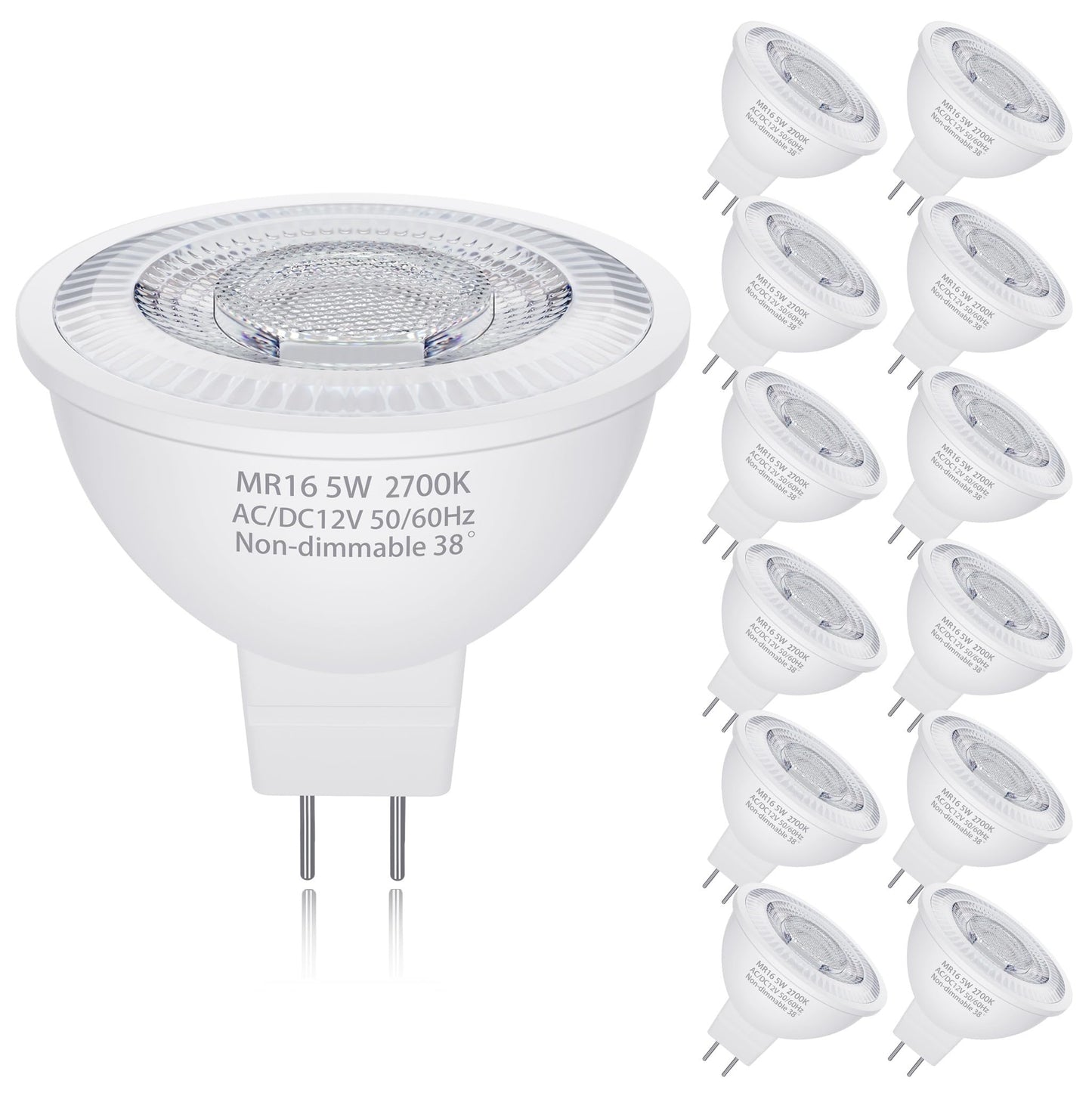 Qqlxst Mr16 Led Bulbs 50W Halogen Equivalent  2700K Warm White  5W Mr16 Gu5.3 Bi-Pin Base 12V Low Voltage Spotlight Bulb For Landscape Spotlight Track Recessed Lighting  Non-Dimmable  12-Pack