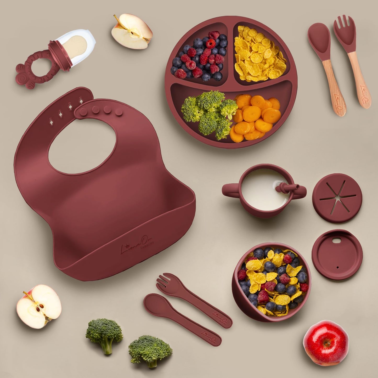 Silicone Baby Feeding Set – 10 Pcs Baby Led Weaning Supplies & Self Feeding Kit | Toddler Plates and Bowls Set, Bib, Fruit Feeder, Cup, Spoons & Forks – Empower Independence with LimOr - Red-Wine
