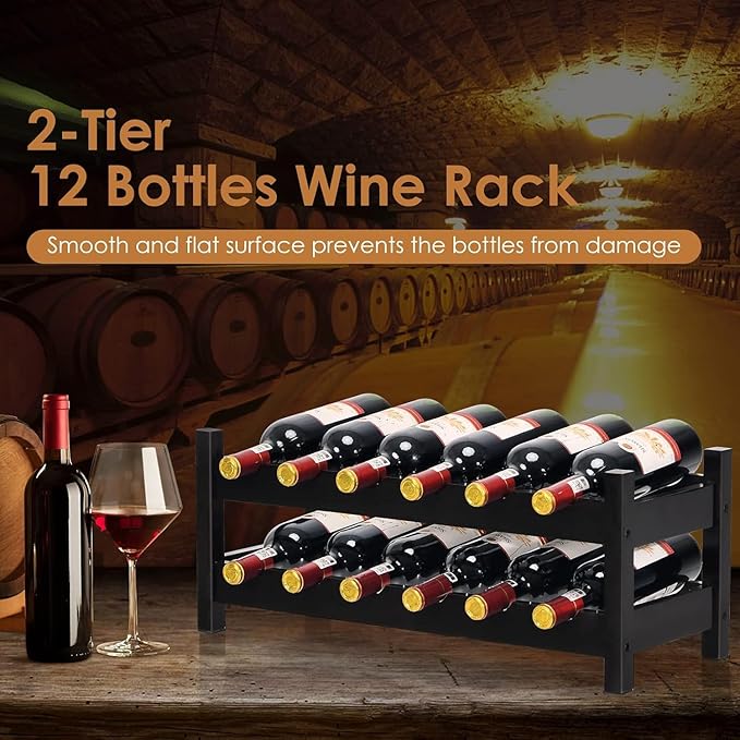 COSTWAY Wine Rack Countertop, 12 Bottles Bamboo Wine Holder, 2-Tier Freestanding Wine Storage Cabinet Shelf for Home, Kitchen, Bar, Pantry, Wine Cellar, Easy-Assembly, Brown (24.5L x 9.5W x 10H)