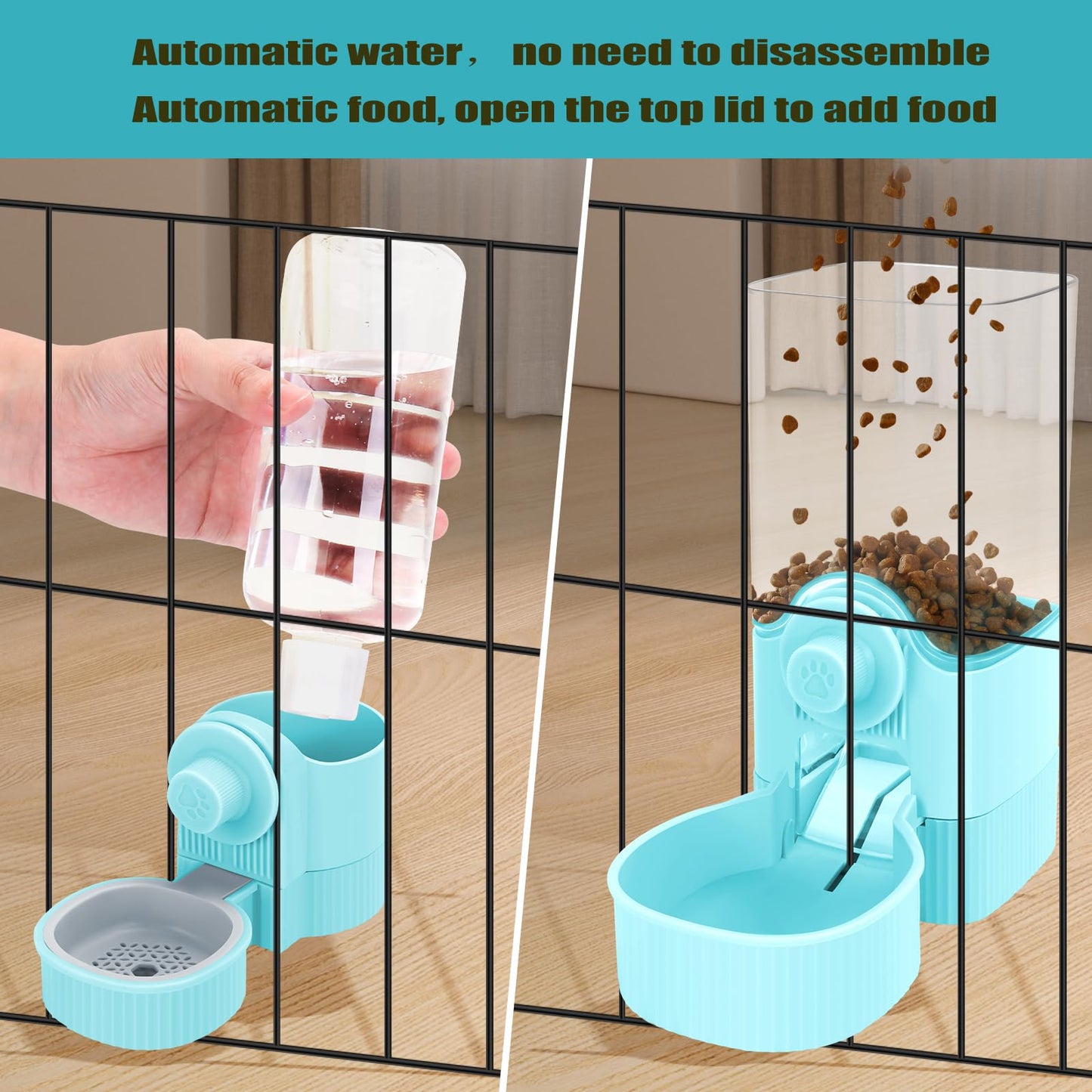 Luismia Hanging Cage Automatic Food Water Dispenser, Auto Gravity 1.2L Self-Feeding Feeder and 0.52L Waterer Set, Crate Auto Feeder Dish for Puppy Cats Ferret Bunny Guinea Pig Small Pets (Blue)