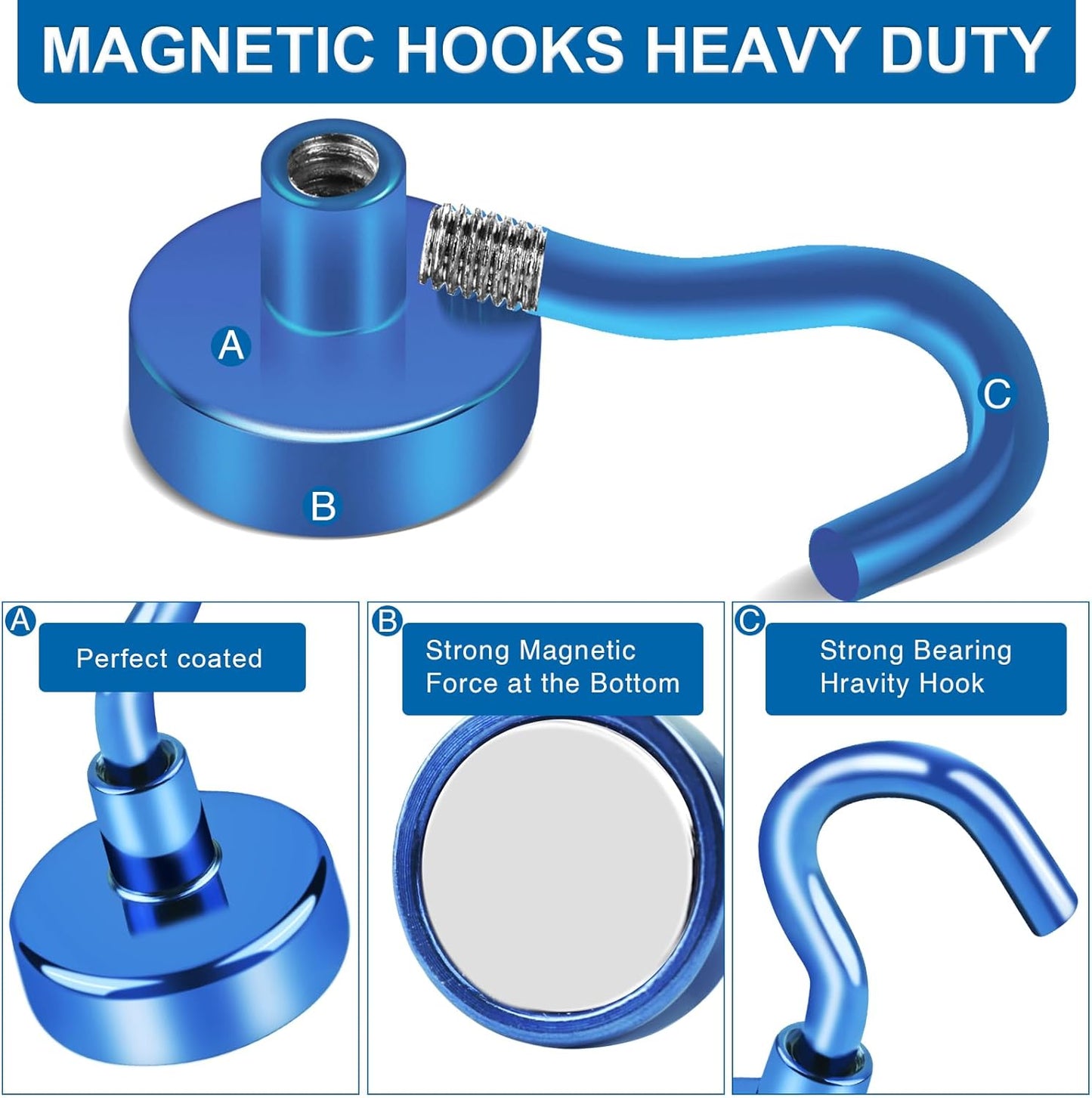 LOVIMAG Cruise Essentials, 50Lbs Blue Magnet Hooks for Cruise Cabin, Strong Magnetic Hooks for Hanging, Refrigerator, Celling,Grill, Kitchen, Classroom- 4 Pack