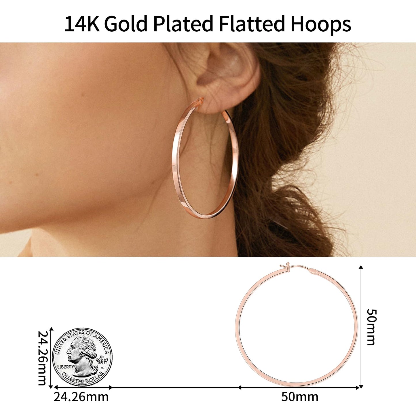 Gacimy Rose Gold Hoop Earrings for Women, 14K Real Rose Gold Plated Flatted Hoops with 925 Sterling Silver Post, 50mm Big Earrin