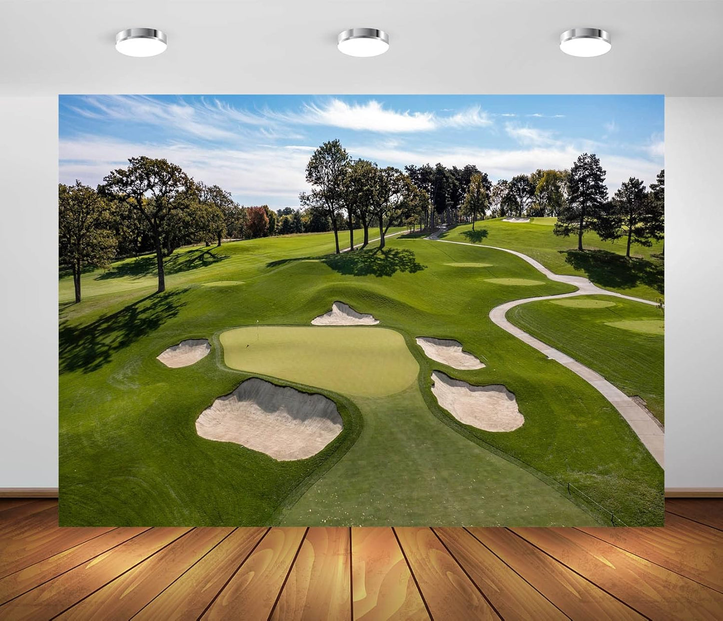 BELECO 10x8ft Fabric Golf Course Backdrop for Photography - Green Grass, Lawn, Bunker, Trees, Blue Sky, White Clouds - Outdoor Party Decorations, Birthday Shoot, Holiday Photo Studio Props