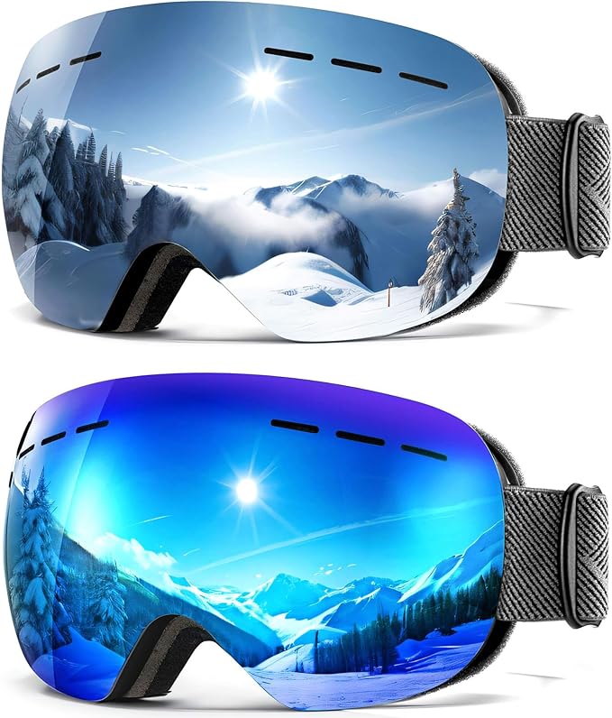 QALLY 2Pack Ski Goggles for Men Women Snow Goggles Anti fog Snowboard Goggles with 100% UV Protection
