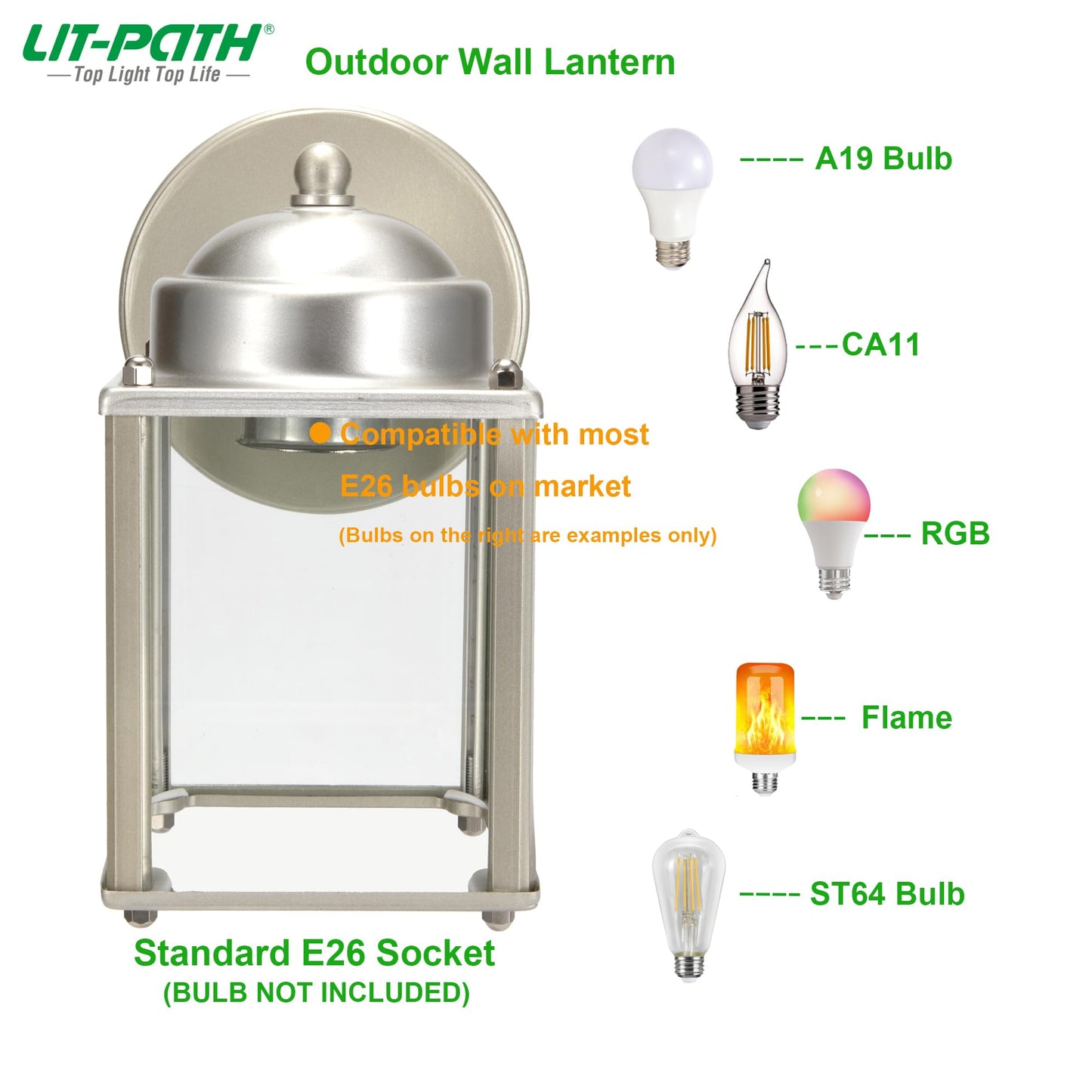 Lit-Path Outdoor Wall Lantern Sconce, Aluminum, Nickel Finish, E26 Medium Base, 2-Pack, Non-Led, Model Lt-Wl017-Pnk-2Pk