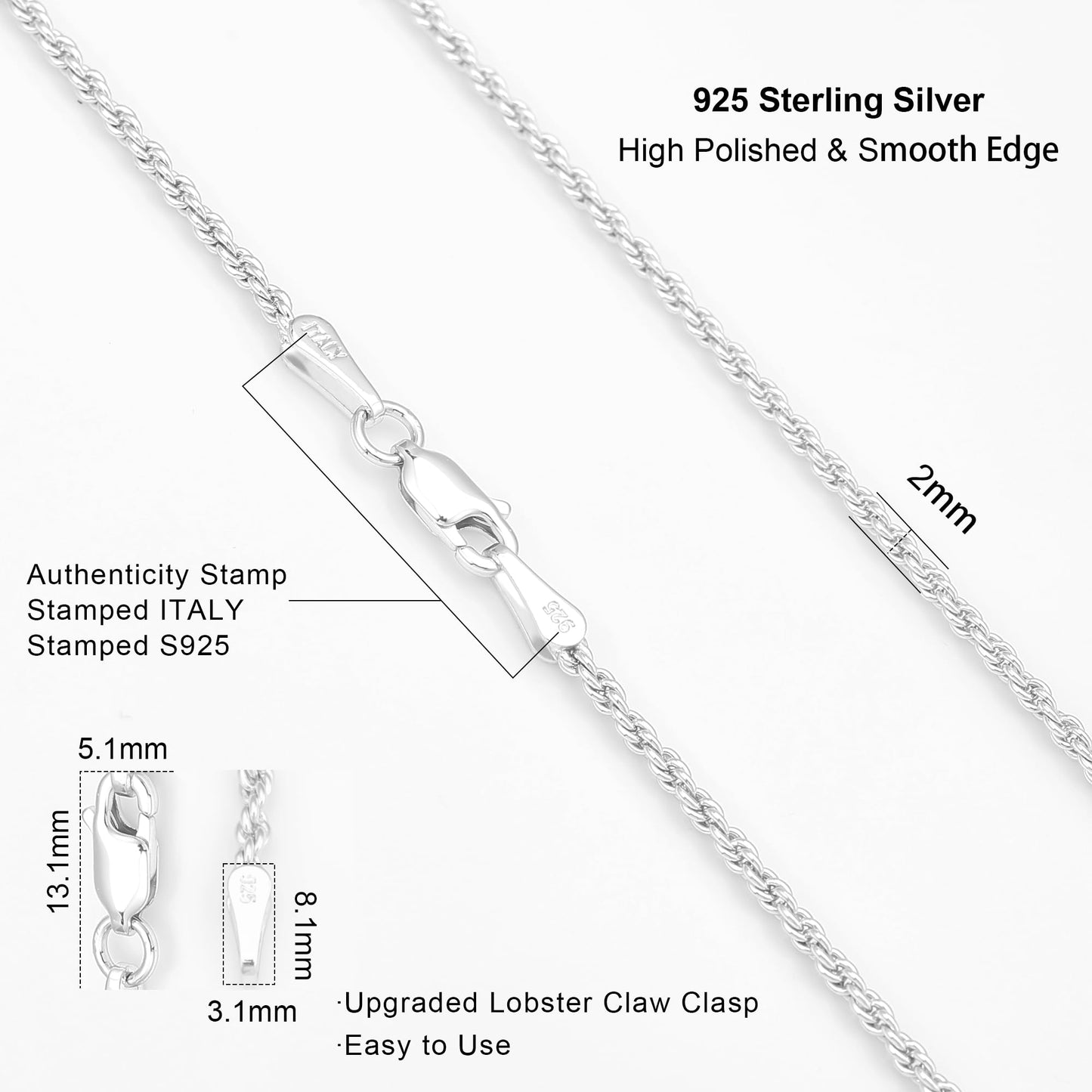 Waitsoul 925 Sterling Silver Rope Chain Lobster Clasp 2mm Silver Chain for Men Women Silver Necklace Chain 20 Inch