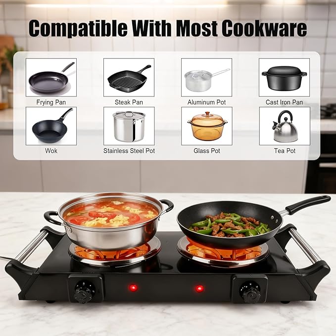 Double Hot Plate, 2000W Portable Countertop Burner & Electric Stove, 5-Level Temp, Portable Handle, Cast Iron Double Burner Cooktop for Home/RV/Camping (Black)