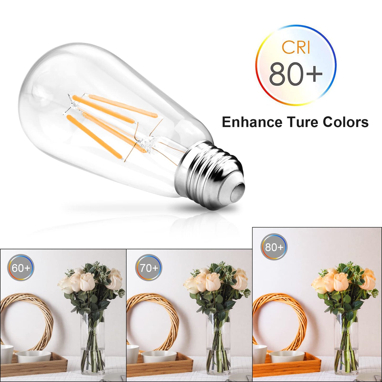 Ascher Vintage Led Edison Bulbs, 6W Equivalent, Warm White 2700K, Clear Glass, Pack Of 4, E26 Medium Base, Non-Dimmable