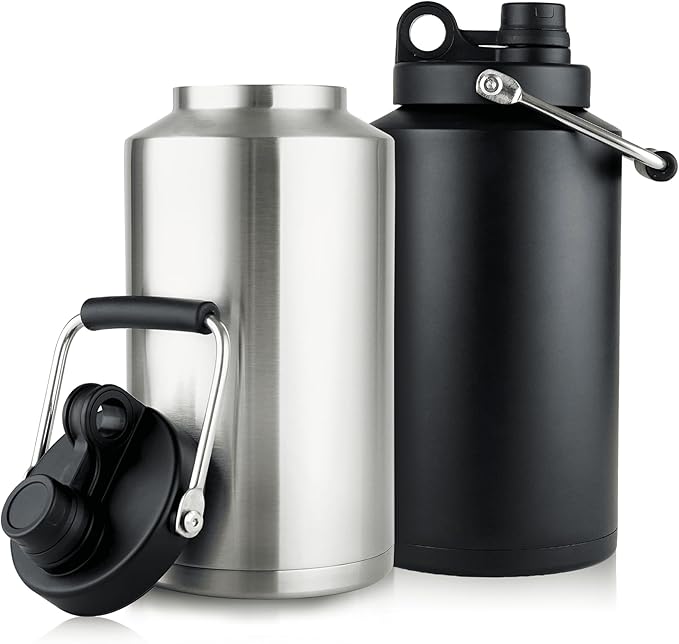 2 Packs 1 Gallon Water Jug Bottle Insulate, 128 oz Stainless Steel Water Bottle Wide Mouth Double Vacuum Dishwasher Safe BPA Free for Hot & Cold Drinks Black+Stainless Steel