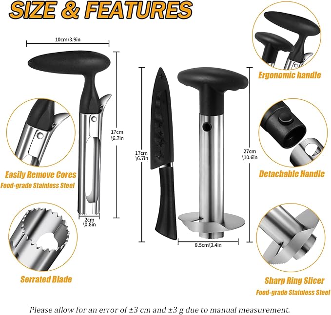 Pineapple Corer and Slicer, Stainless Steel Apple Pineapple cutter and corer Set, with Pineapple Slicer, Apple Corer and Fruit Cutter, Pineapple Apple corer tool kitchen