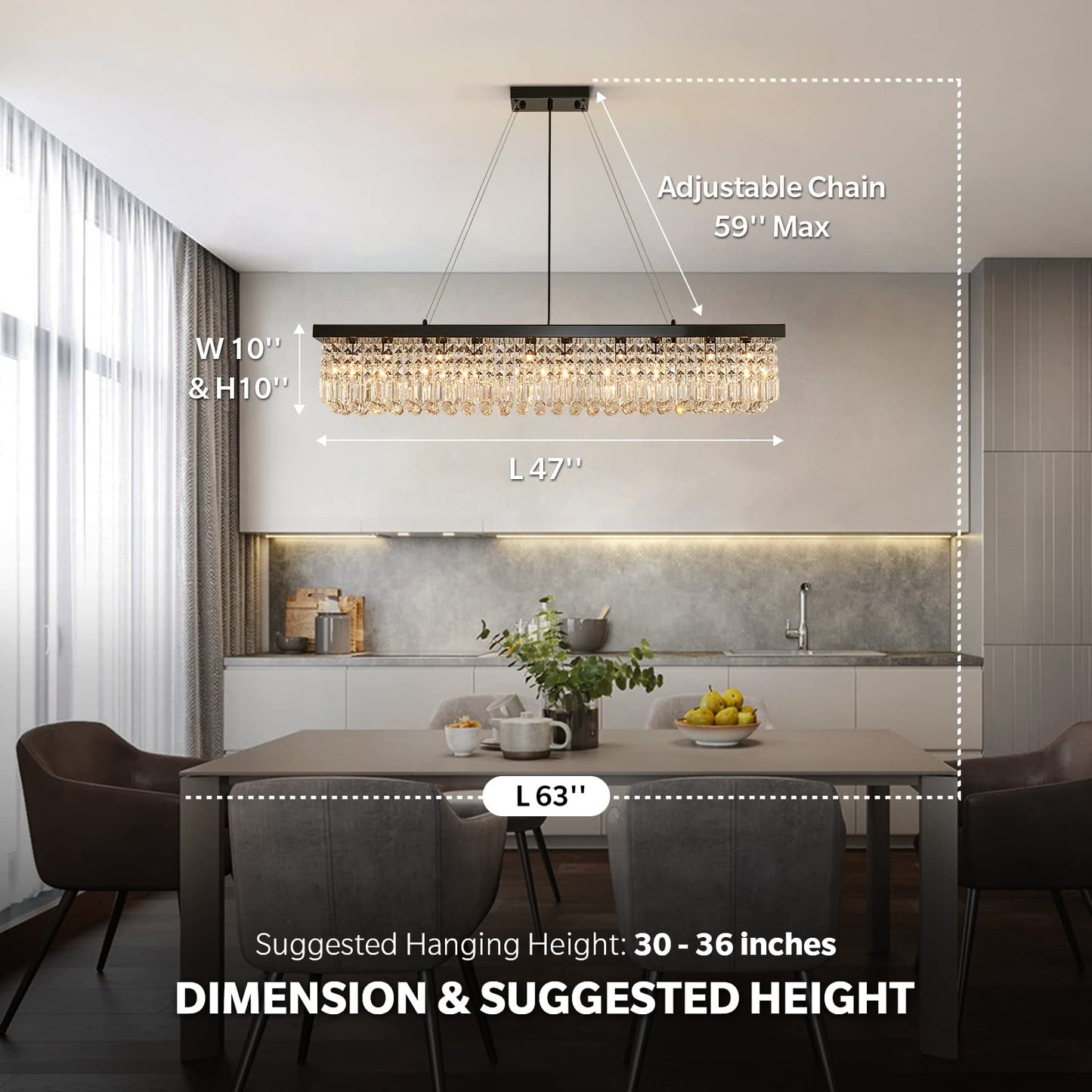 7Pm K9 Crystal Chandelier - Modern Rectangular Pendant Light, Black, L47Xw10Xh10, Stainless Steel, Model Cl010843