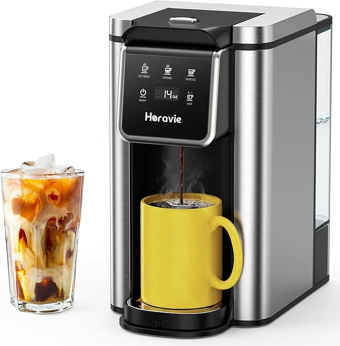 Single Serve Coffee Maker for K-Cup Pod and Grounds, Hot and Iced Coffee Maker, Strong Button Feature, 6 to 14oz Brew Sizes, 50oz Removable Reservoir, Up to 6.5 Inch Cup, Stainless Steel, Black