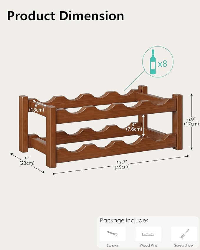 Countertop Wine Rack for Inside Cabinet, Solid Wood 2-Tier Wine Racks for 8 Bottles, Pinewood Liquor Storage Shelf, Wooden Water Bottle Organizer for Pantry, Kitchen, Bar, Dining Room (Walnut)
