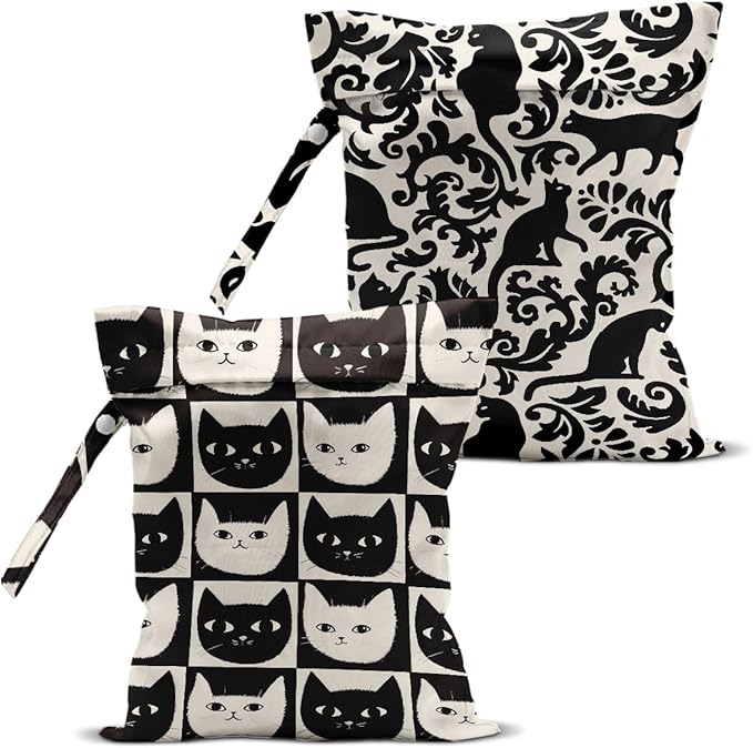 Cat Lover Gifts, 2Pcs Cat Print Wet Bags, Wet Dry Bag Reusable Zipper Pouch for Swimsuit, Diapers, Beach, Dirty Yoga Gym Clothes, Toiletries, Waterproof Birthday Christmas Gifts